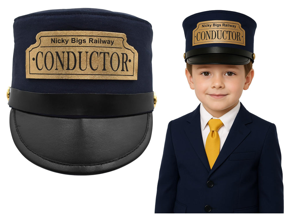 Nicky Bigs Novelties conductor hat with navy patch adds authentic costume realism.
