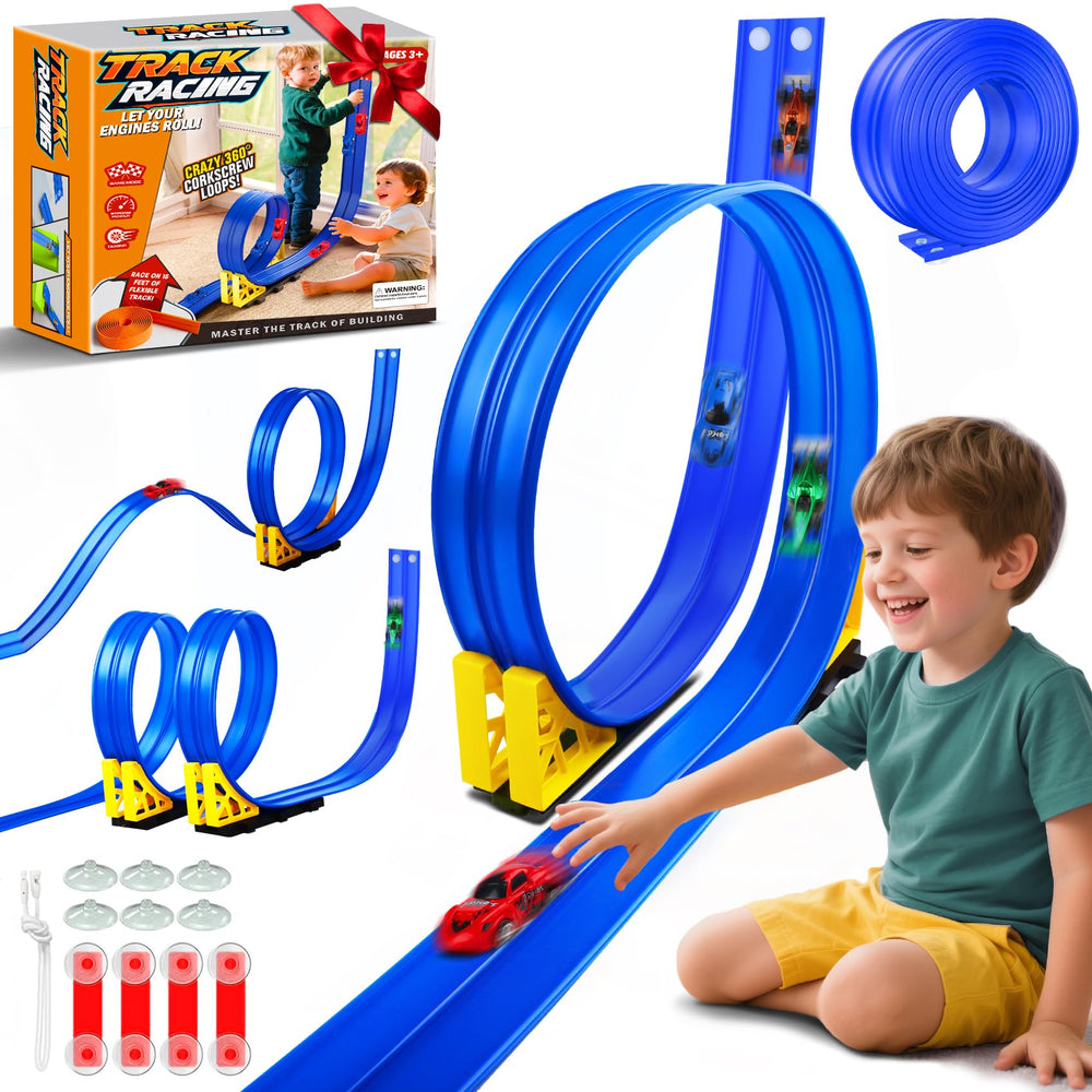 Nicmore Flexible Race Track 15ft setup on wall enables thrilling, space-saving racing.