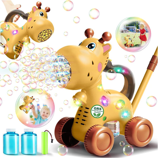Nicmore giraffe bubble machine in push mode for outdoor fun.