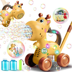 Nicmore giraffe bubble machine in push mode for outdoor fun.