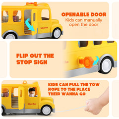 Nicmore yellow bus toy with flashing headlights during action.
