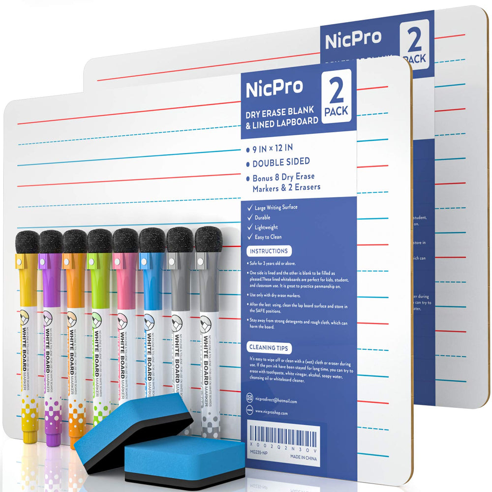 Nicpro dry erase lap boards 9x12 inches two-pack, ideal for classroom notes and drawings.