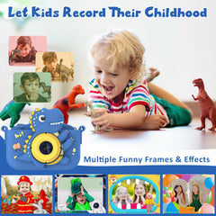 NIDOOT dinosaur kids camera blue being held by a child for scale