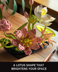 Nifeliz Lotus Build Set highlights buds and a tiny frog for a playful nature touch