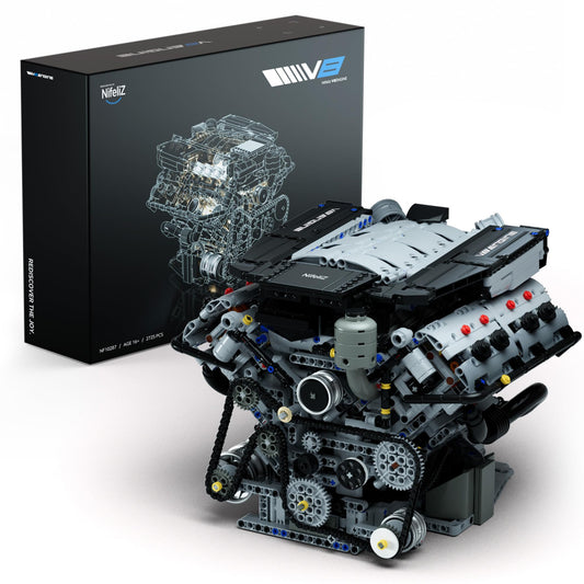 Nifeliz V8 engine block assembly shows realistic piston layout for hands-on learning.