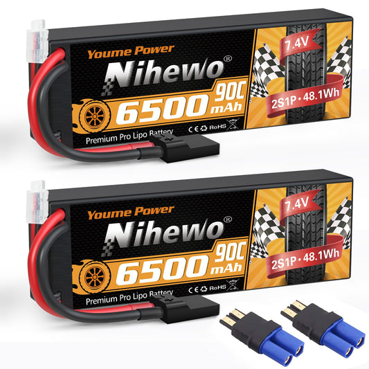 Nihewo 2S LiPo battery with hard case and TR/EC5 connectors, front view for rugged RC runs