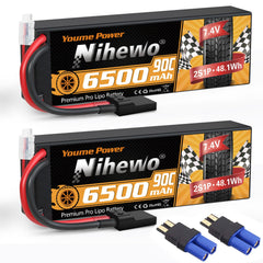 Nihewo 2S LiPo battery with hard case and TR/EC5 connectors, front view for rugged RC runs