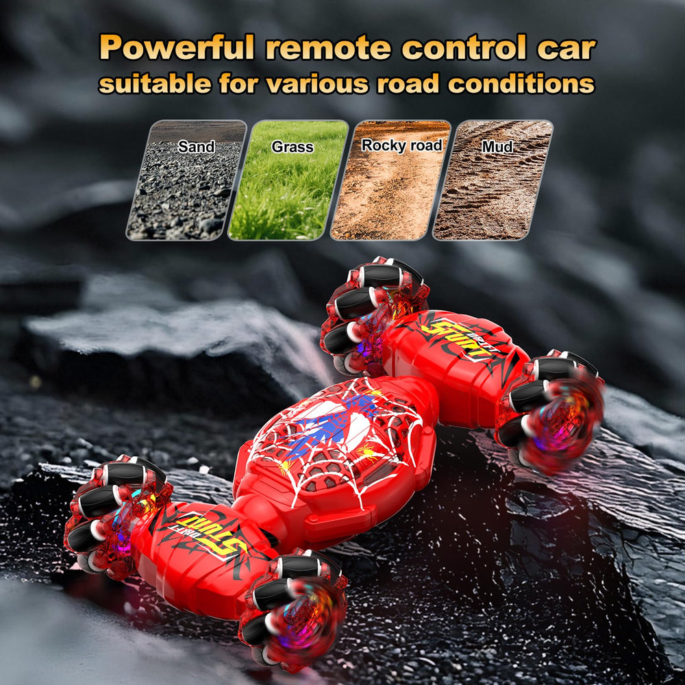 Nikuku remote car all-terrain tires tackle gravel, grass, and sand.