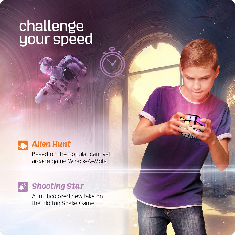 Ninja Blast cube in space command mode echoing Simon Says-style instruction