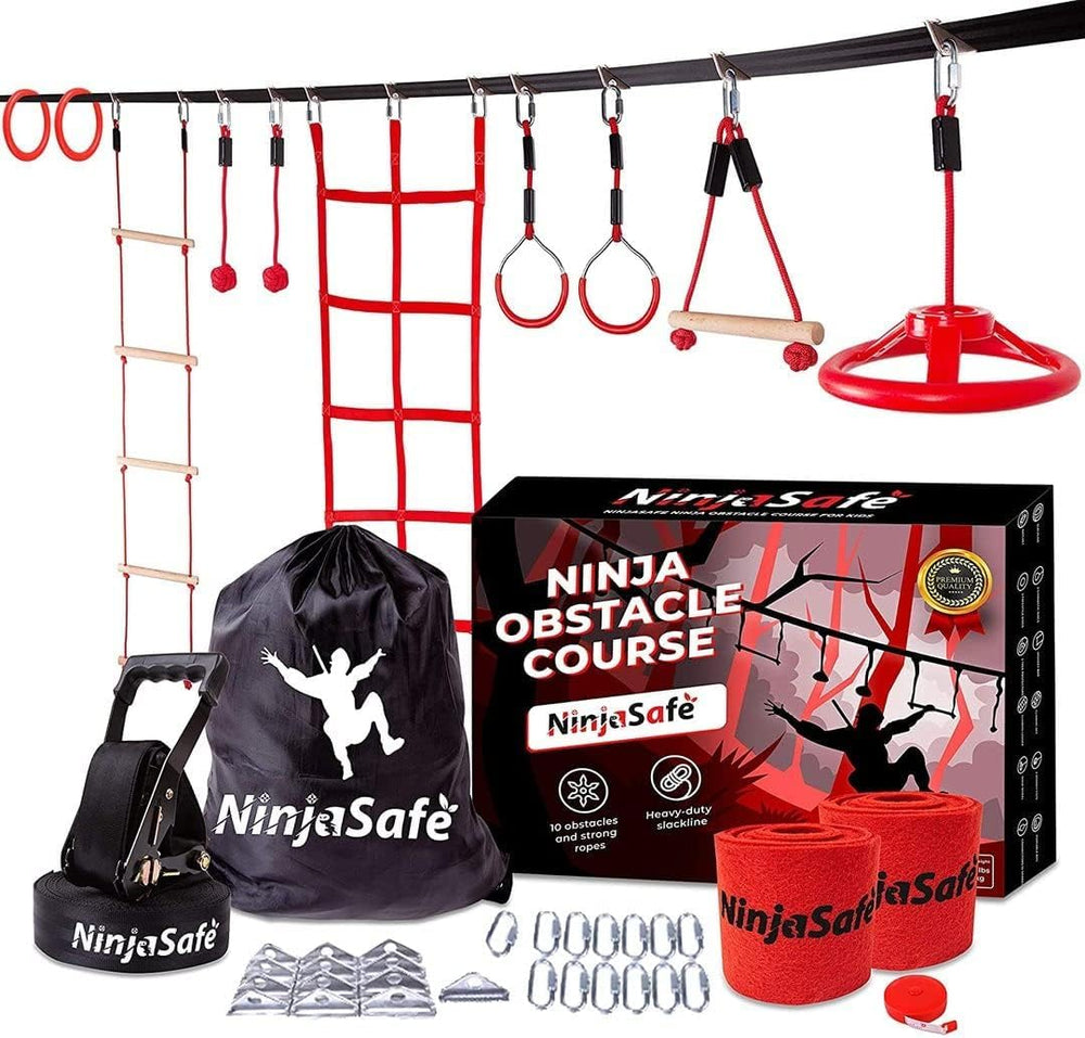 NinjaSafe Ninja obstacle climbing net for backyard play boosts grip and coordination.