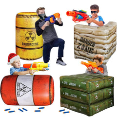 NINOSTAR red barrel battlefield inflatable for immersive indoor and outdoor battles.