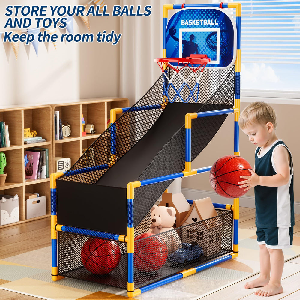 NIPLOOOW arcade set features bottom storage for easy cleanup and organization.
