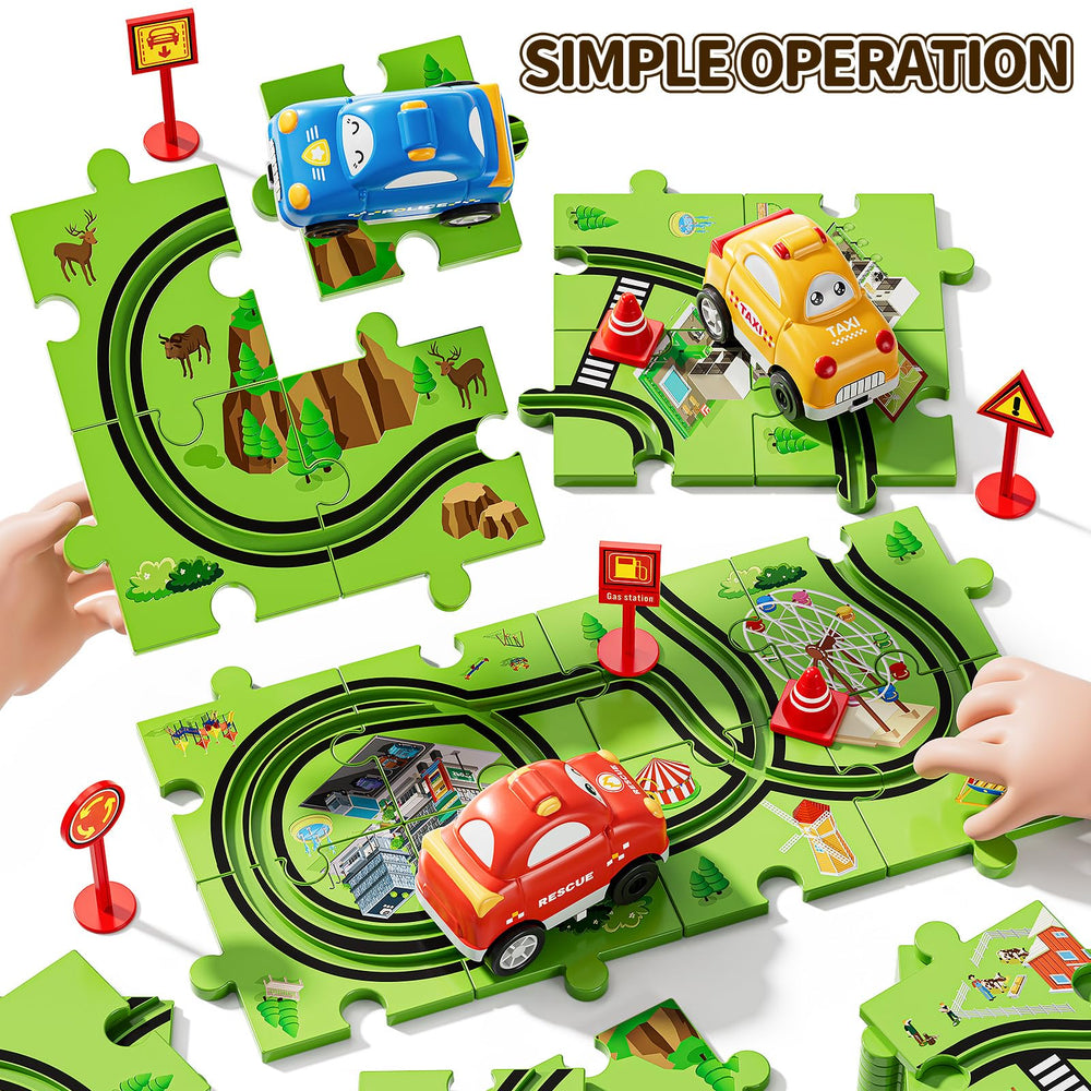 Three cars glide smoothly along grooved tracks for engaging movement.