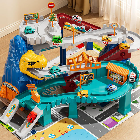 NIPLOOOW dinosaur race track set with bright lanes for imaginative play and coordination