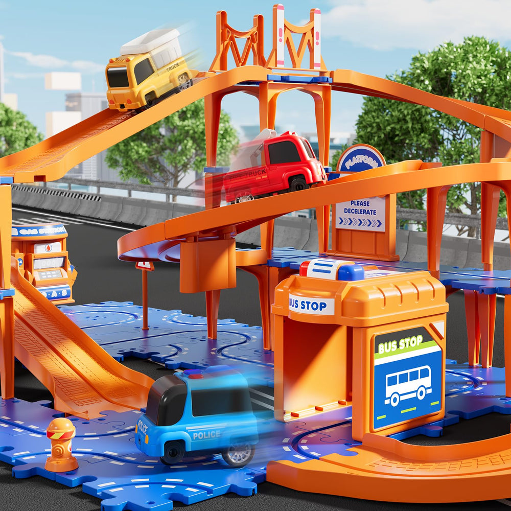 Includes three race cars that glide smoothly along the track