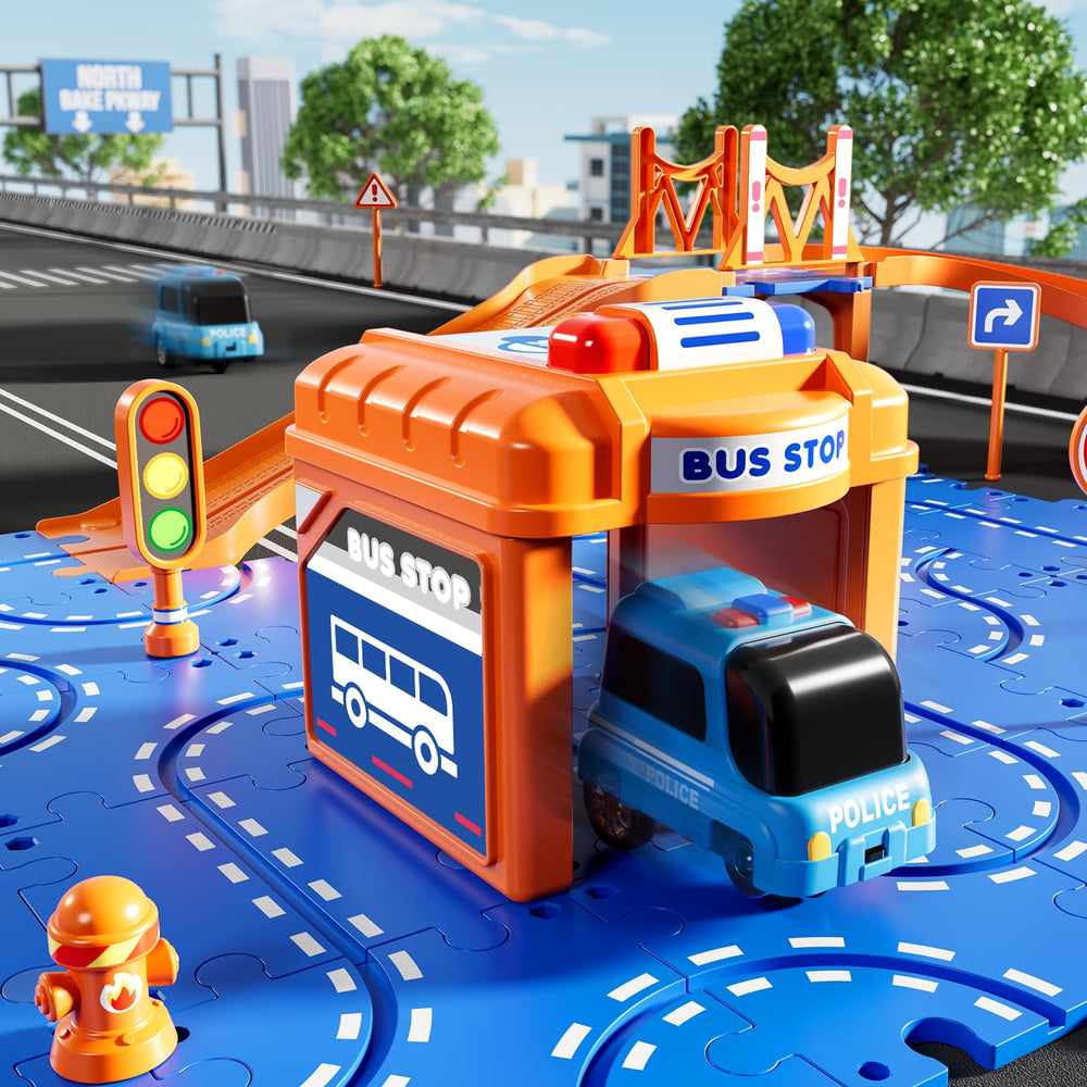 NIPLOOOW Puzzle Race Car Track Set two-layer design showing up-down routes.