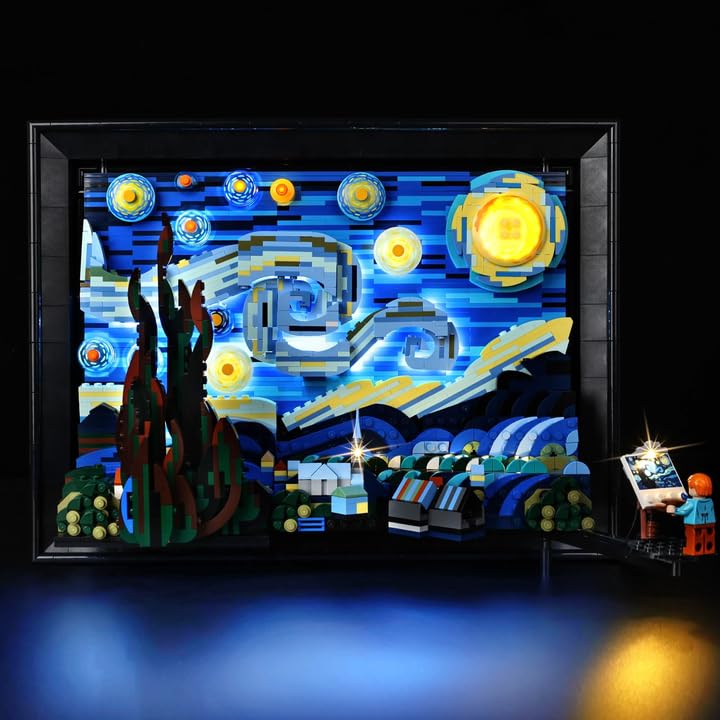 Nitemode LED light kit enhances LEGO 21333 Starry Night front view with subtle glow