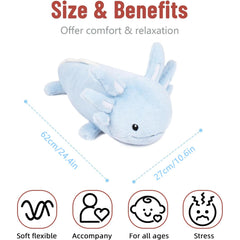 Niuniu Daddy heavy axolotl stuffed animal showing uneven weight distribution for hugging back.