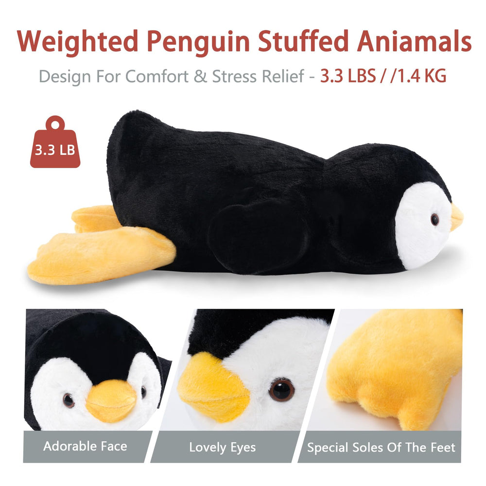 Niuniu Daddy Penguin weighted plush—closeup of weighted belly for hug-back feel.