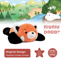 Soft fluffy fur closeup of Niuniu Daddy red panda weighted plush.