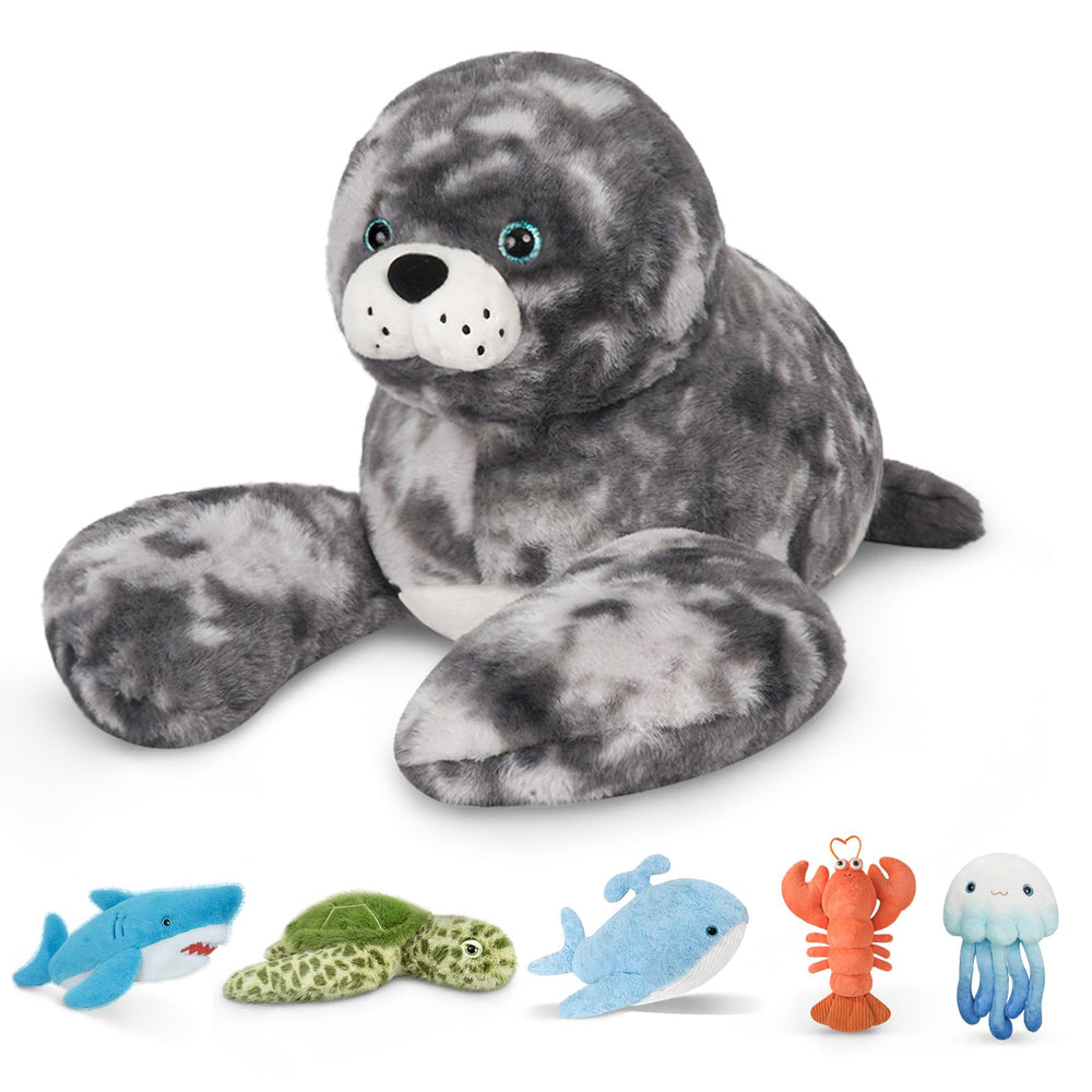 Niuniu Daddy seal plush front view, inviting softness for calming hugs