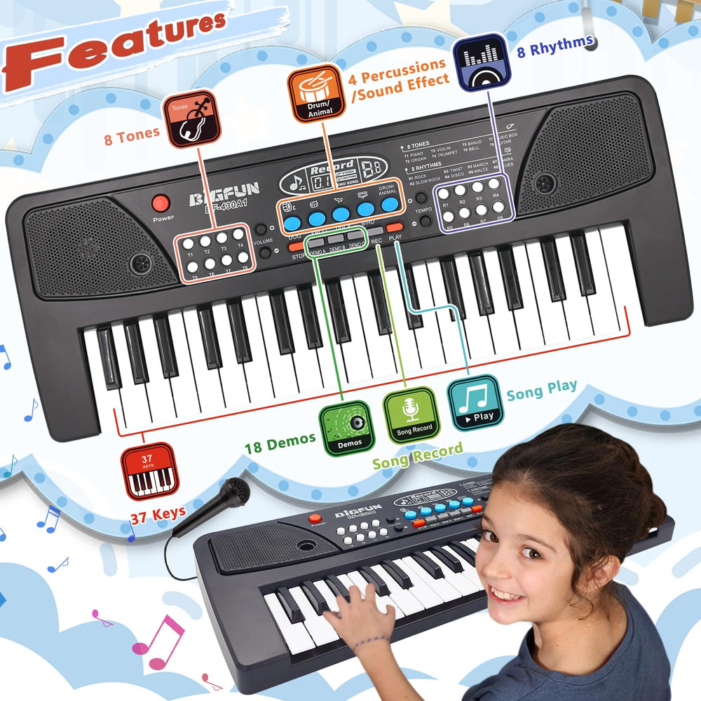 Noaideoi kids piano with microphone for singing along and recording ideas.