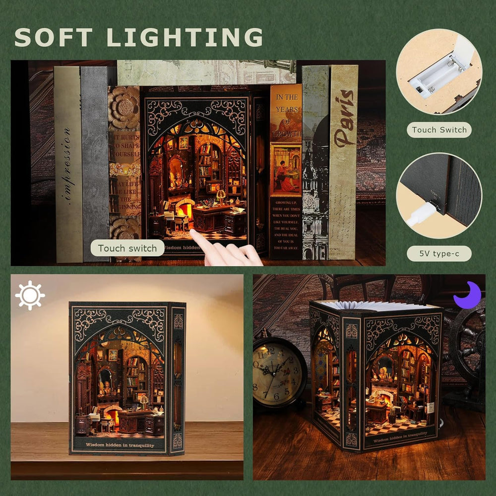 NookMaster 3-in-1 design works as bookend, ambiance light, and decor.