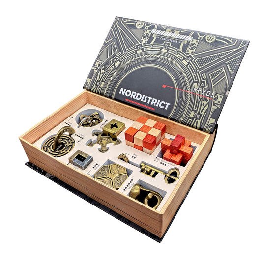 Nordistrict 9pcs brain teaser set with display rack for easy storage and display.