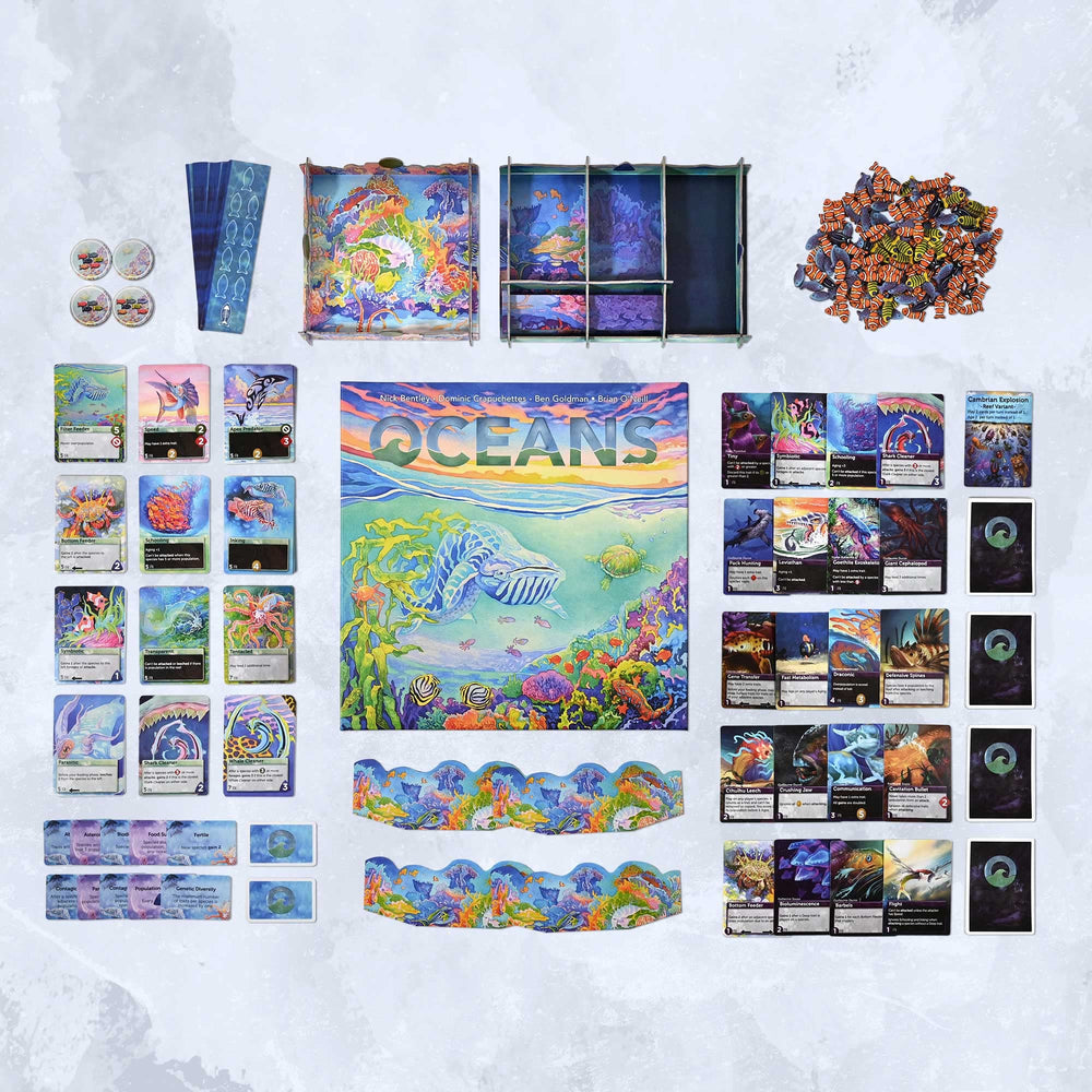 North Star Games Oceans table presence with bold art enhances game night ambiance.