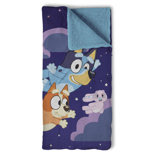 Northwest Bluey Silk Touch Slumber Bag front view, cozy sleepovers with plush sherpa lining.