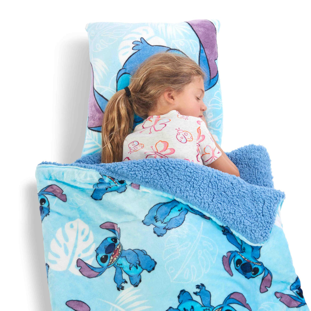 Northwest Lilo and Stitch slumber bag inside closeup highlights silky sherpa softness