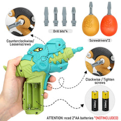 NORYOSE dinosaur toy set includes drill, bits, and screwdrivers for interactive assembly.