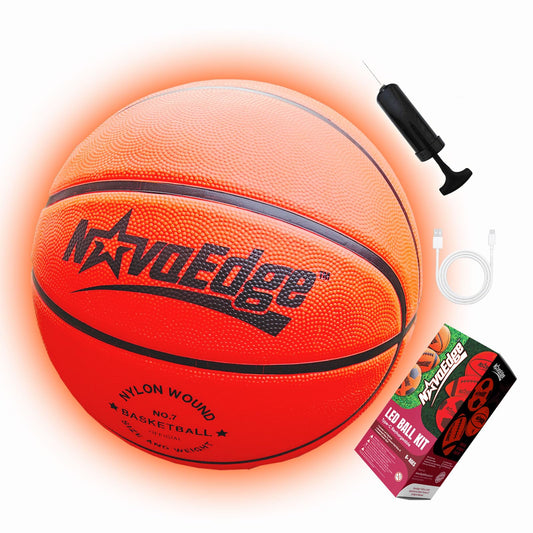 NovaEdge Glow basketball bouncing with a red LED glow for night play.