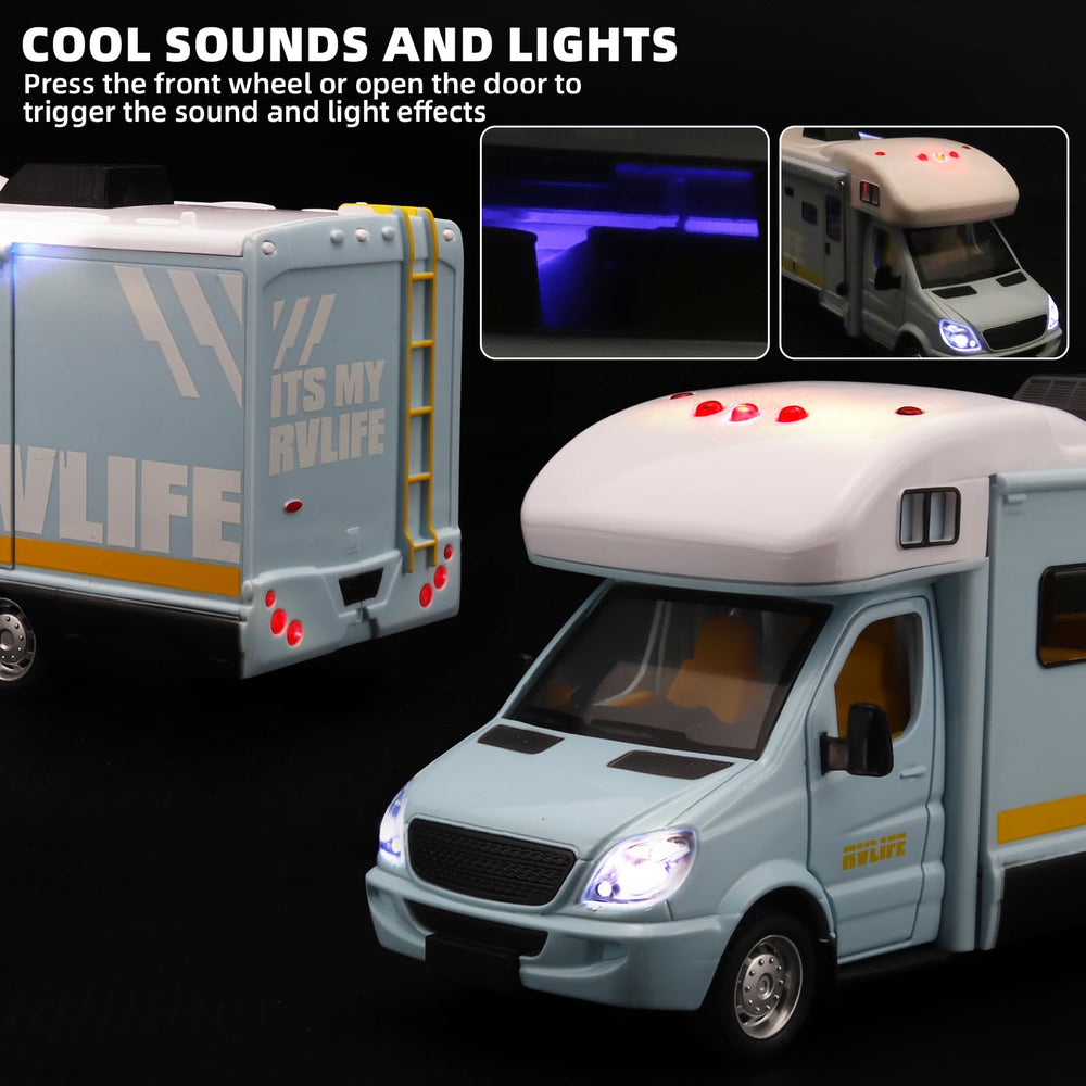 NOVAFUSION blue camper with open door and extendable awning for open-ended play.