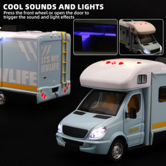 NOVAFUSION blue camper with open door and extendable awning for open-ended play.