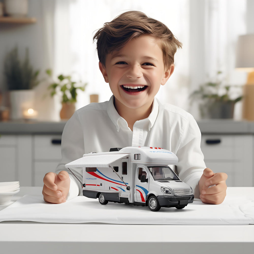 NOVAFUSION Toy Camper White durable rubber tires ensure smooth rolling.
