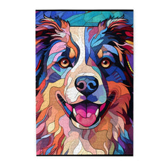 Novgift Australian Shepherd 1000-piece puzzle cover with vibrant stained-glass colors for family bonding.