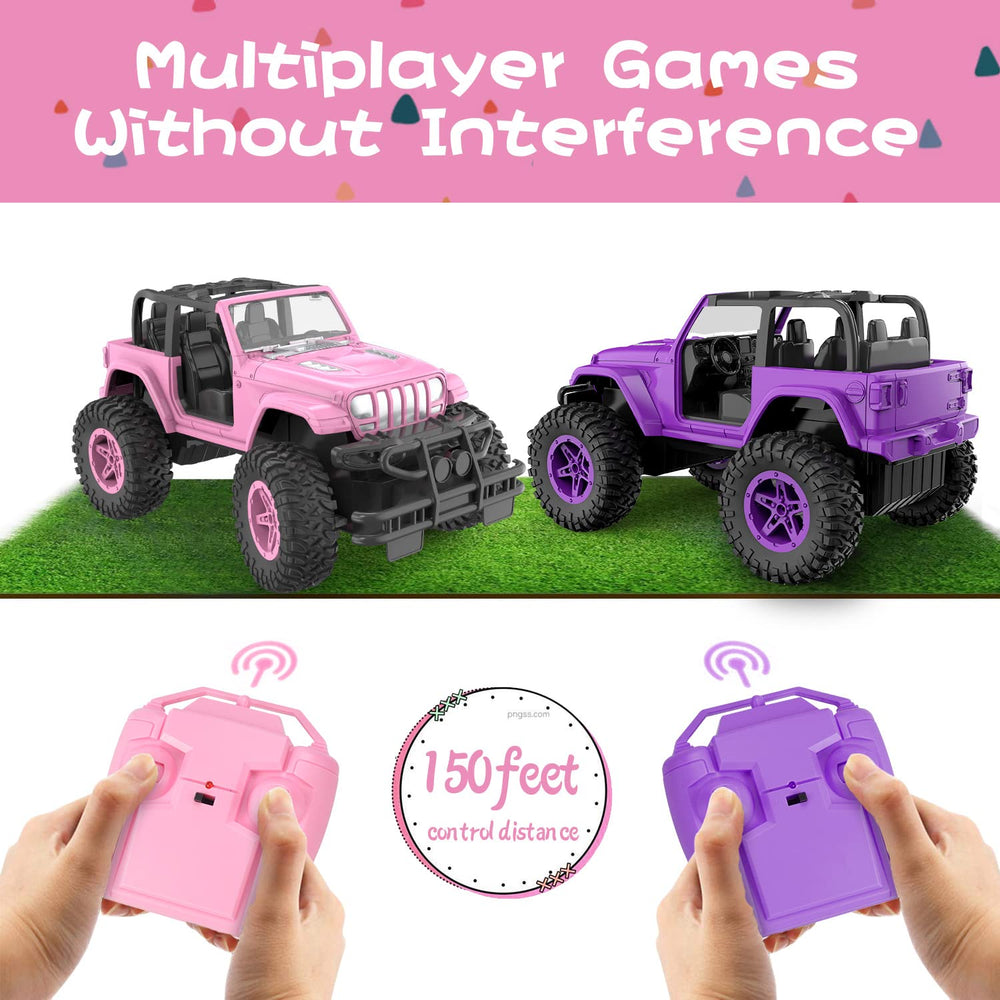 NQD pink RC car in a child play scene for imagination.