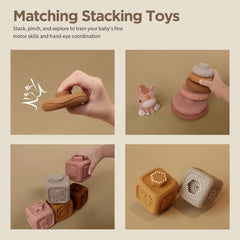 Nueplay rings and blocks squeeze-to-squeak encouraging auditory curiosity during play.