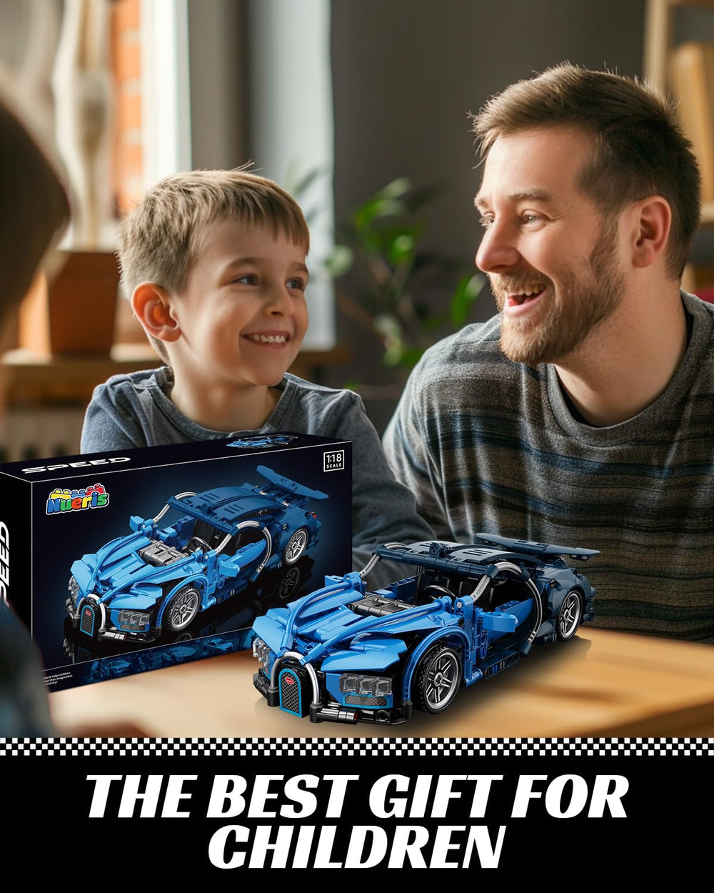 Nueris 1:18 blue sports car pull-back function for quick play.