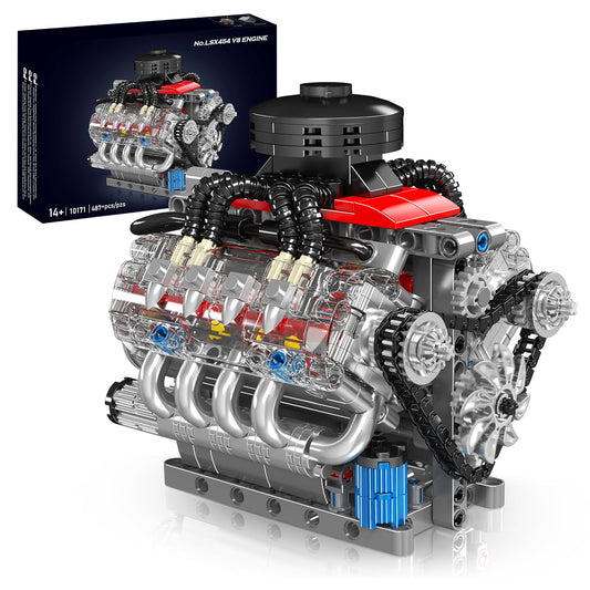 Nueris Mini V8 engine block assembly shows precise craftsmanship for display and learning.