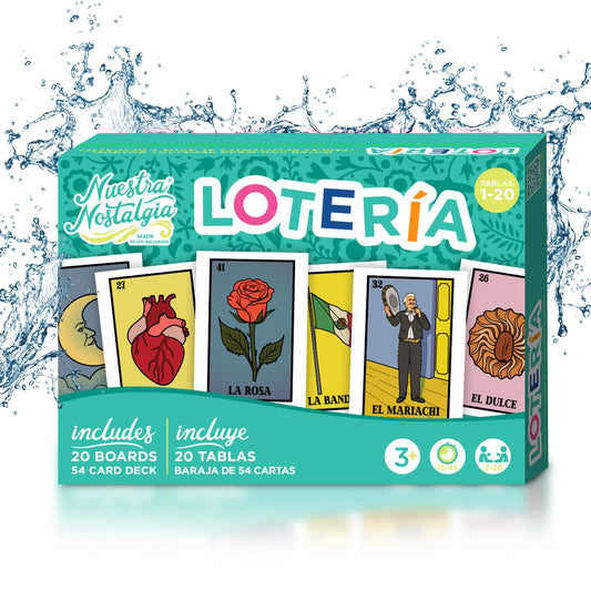 Nuestra Nostalgia Loteria boards 12x8 layout on a table for family game night