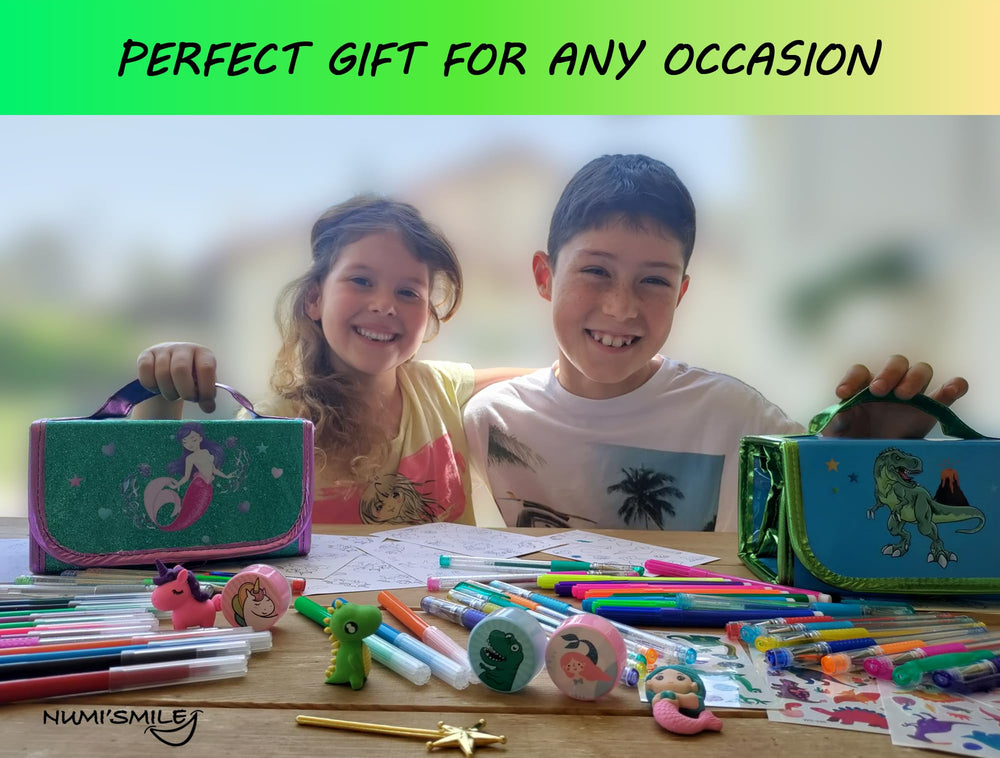 NUMI'SMILE dinosaur gift set showcases a complete art supplies collection for kids.