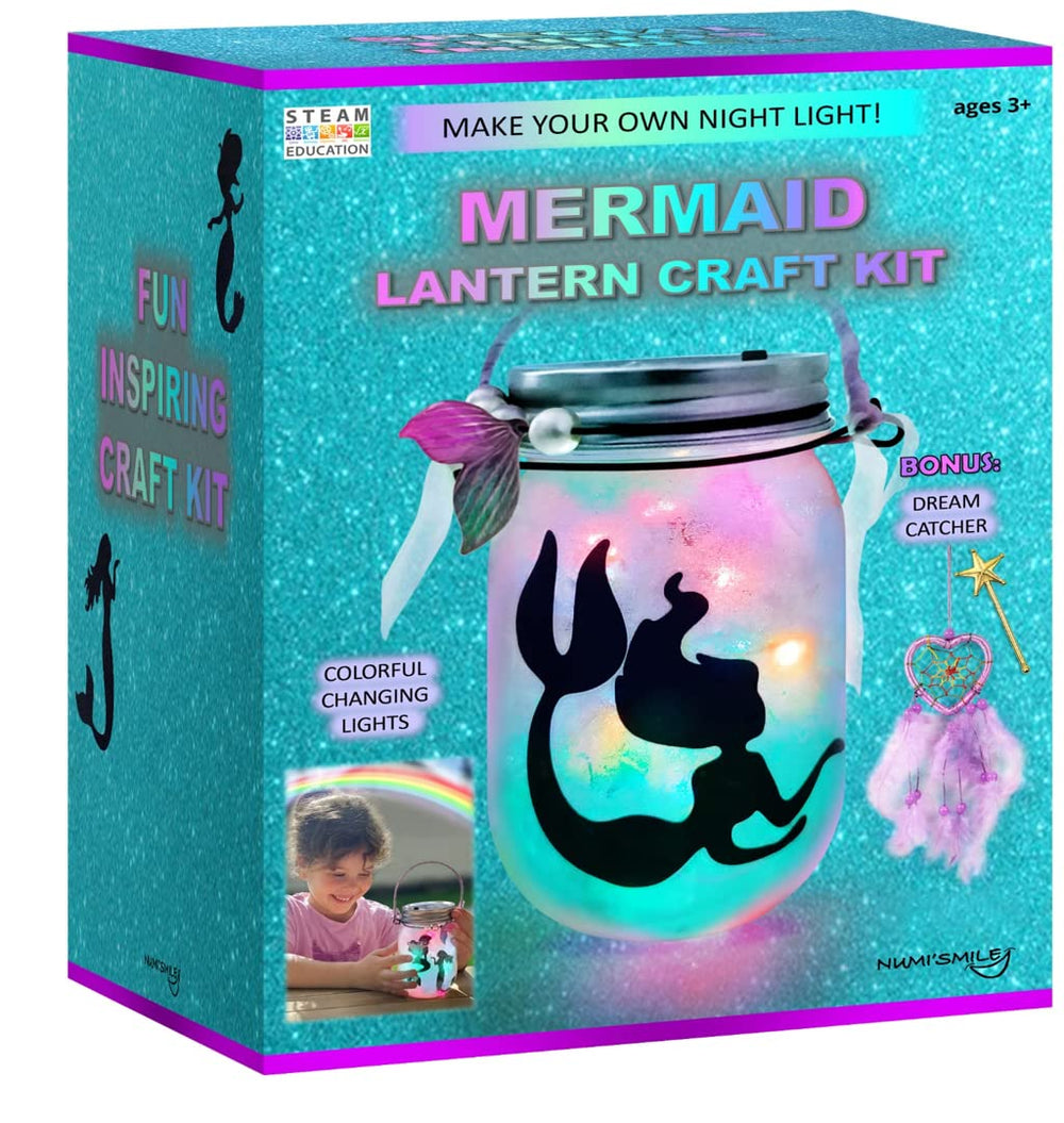 NUMI'SMILE Mermaid lantern assembly showing a colorful DIY jar project for kids