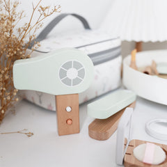 Nunukids wooden makeup tools close-up highlighting tactile kid-friendly details.