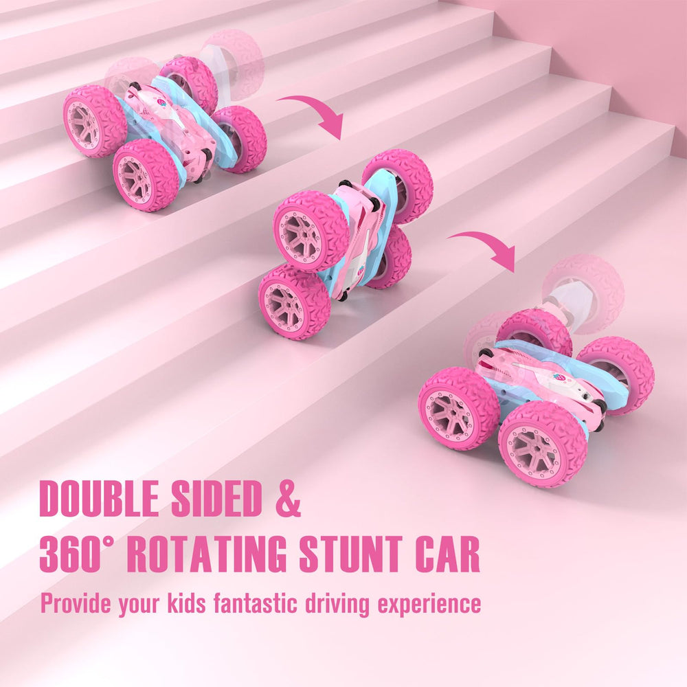 NUOKE pink RC car side view showing double-sided design for obstacle handling