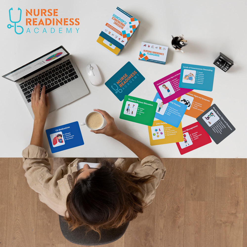 Nurse Readiness Academy flashcards being used in a group study session.