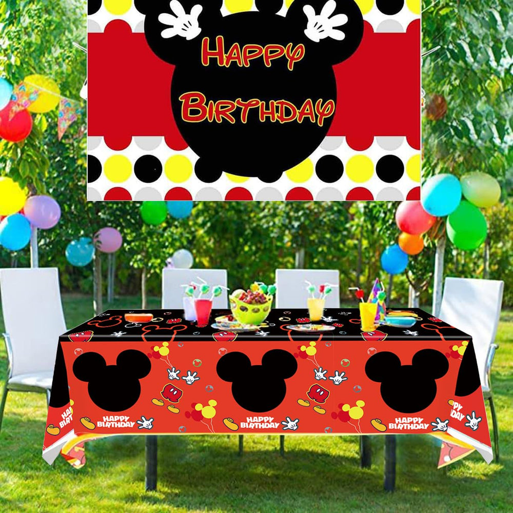 Nyhpar mouse party tablecloth side detail, durable plastic protects surfaces.