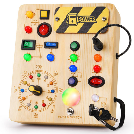 OAKJAR Busy Board LED lights close-up highlights colorful switches for early learning and fine motor practice.