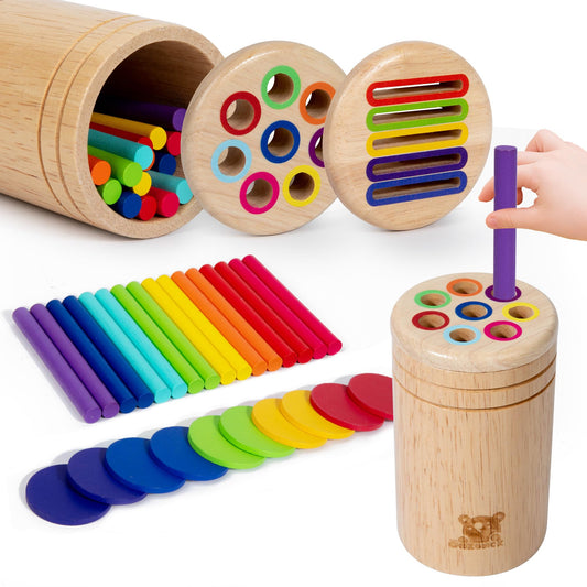 Oazoxcx wooden color-sorting toy helps toddlers learn colors while improving hand-eye coordination.